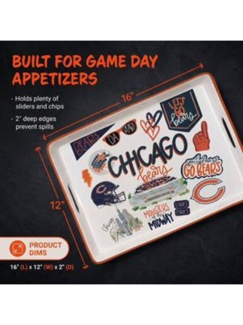 Chicago Bears Ceramic Serving Tray 16"X12" Game Day Football-Themed Handles